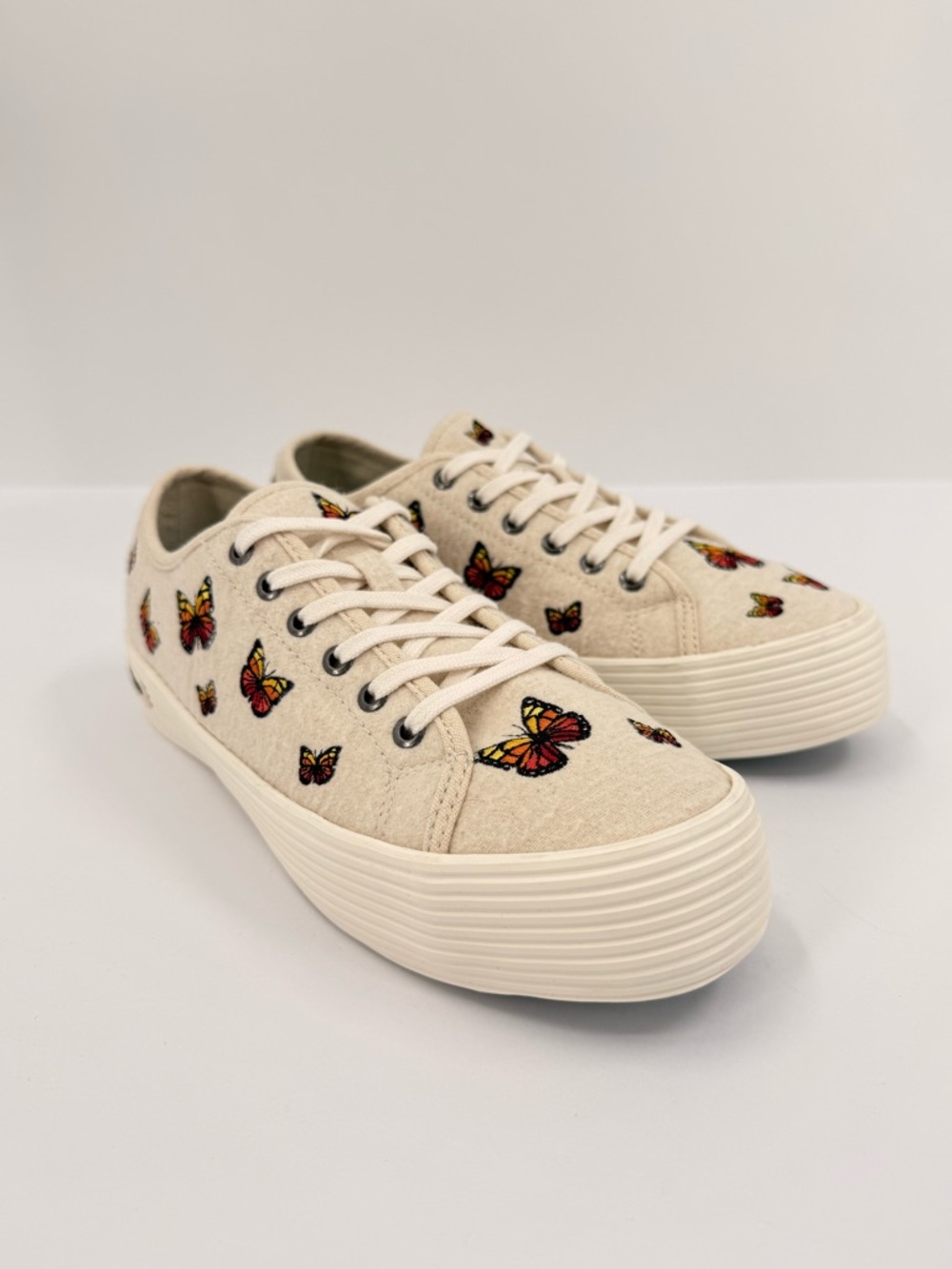 SeaVees Cream Canvas Sneakers with Multicolor Butterfly Embroidery